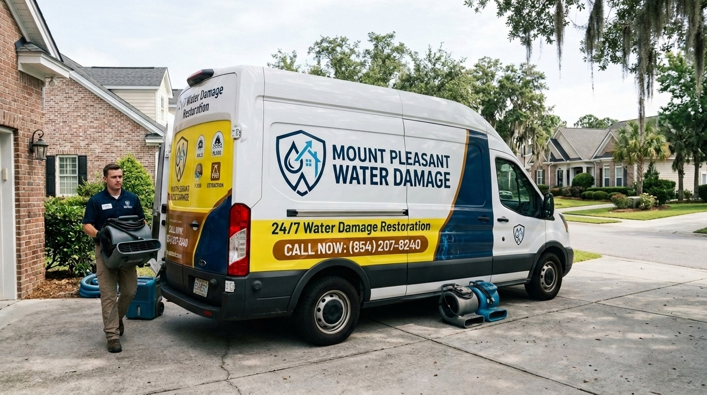 Mount Pleasant Water Damage branded van outside a home