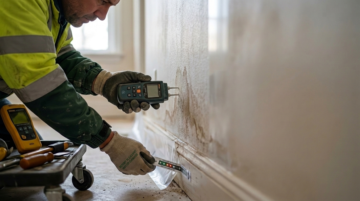 Moisture meter inspection during water damage restoration