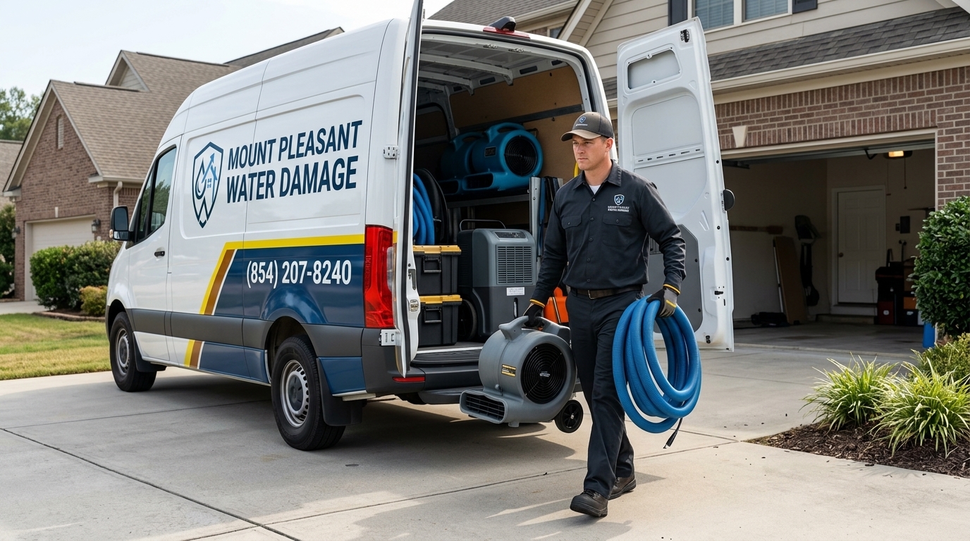 Mount Pleasant Water Damage technician carrying drying equipment