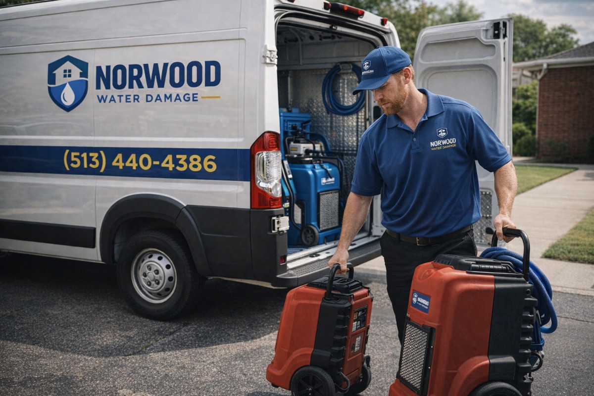 Water damage technician unloading drying equipment