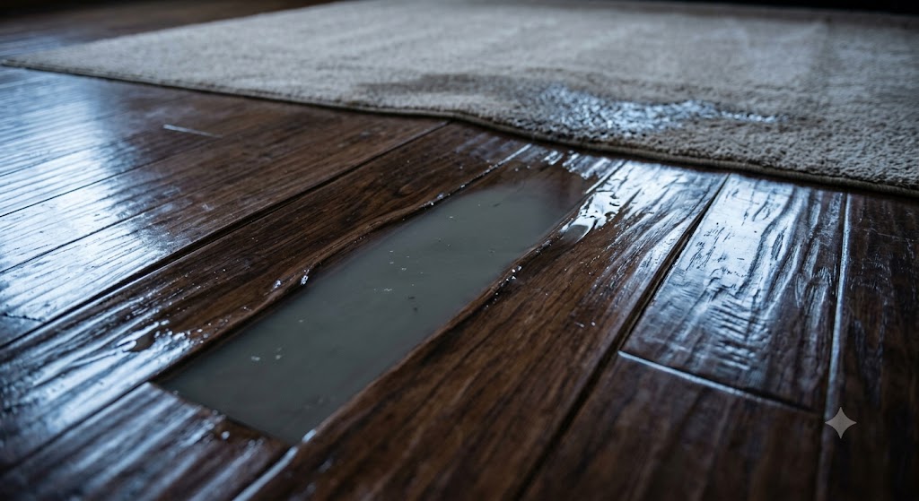 Wet hardwood floor after water intrusion